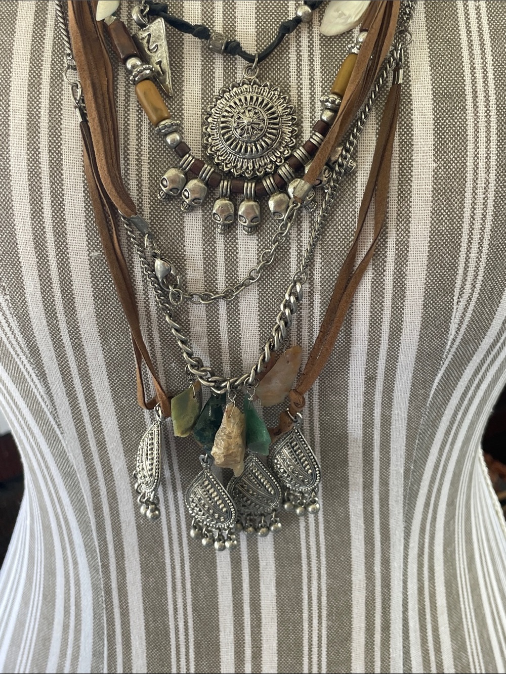 American Eagle Boho Layered Pendant Necklace in Brown and Silver